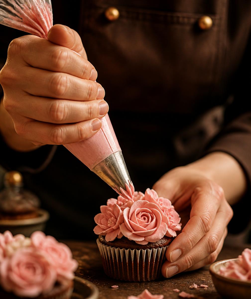 Pastry chef piping rose buttercream flowers onto a cupcake