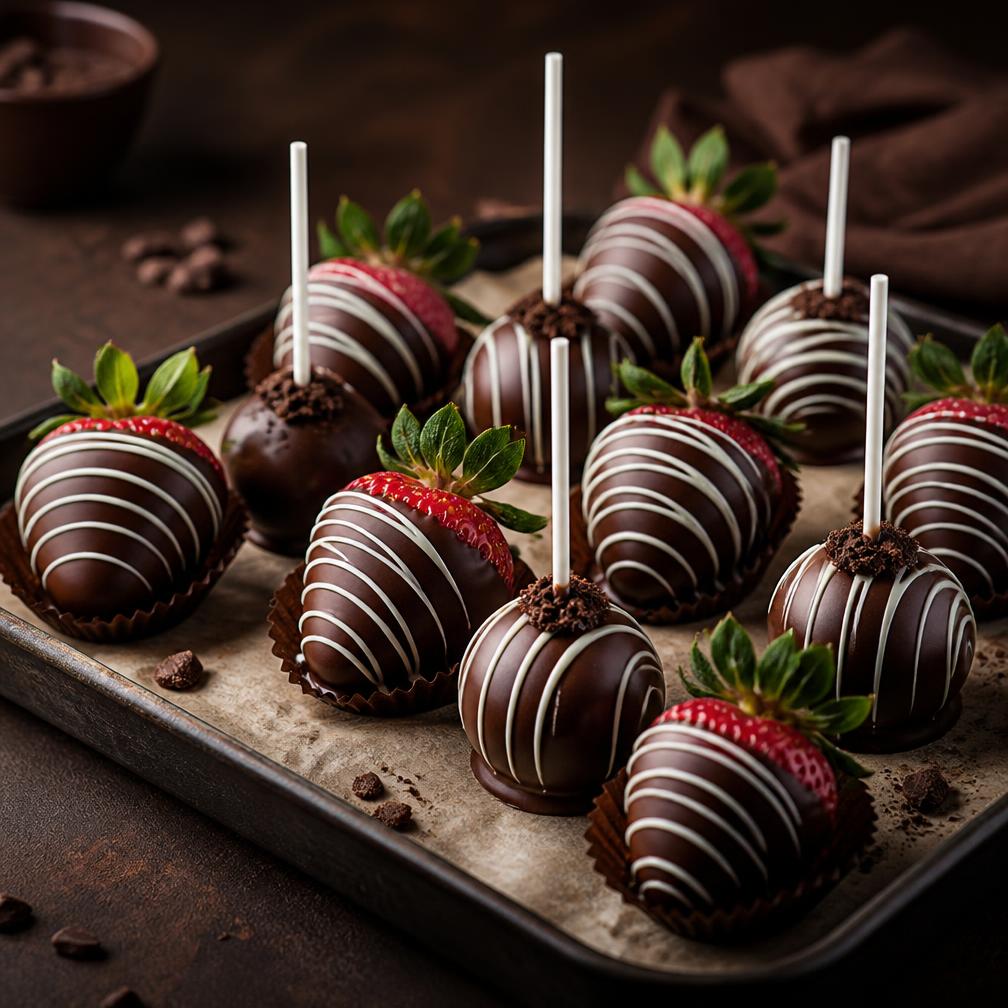 Chocolate-dipped strawberries and cake pops on a tray