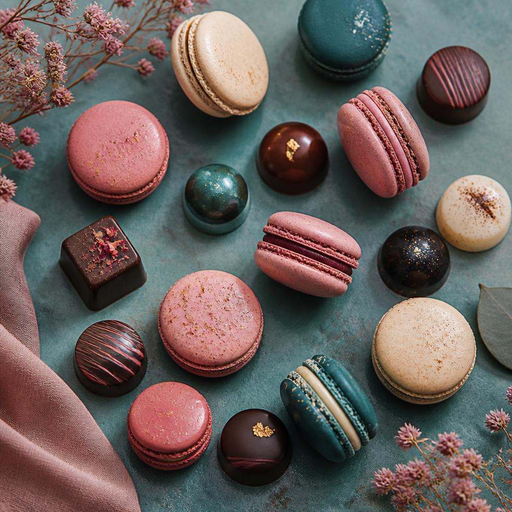 Handcrafted macarons and chocolate bonbons in rose, cream and teal
